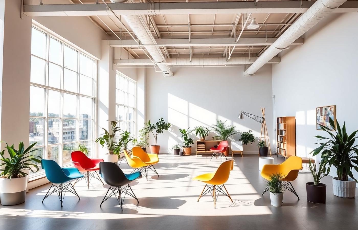 Bright open studio space with colourful chairs, plants and large windows