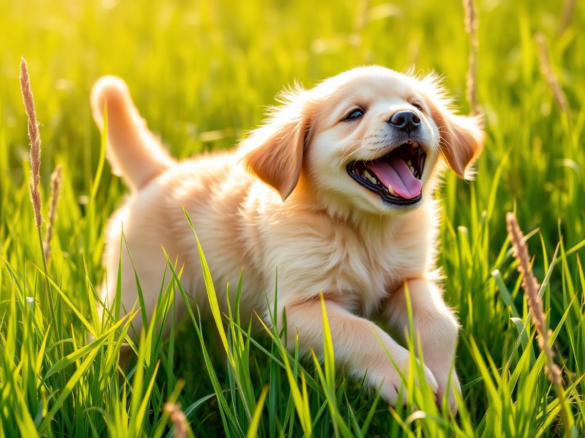 Golden retriever puppy playing in sunlit grass