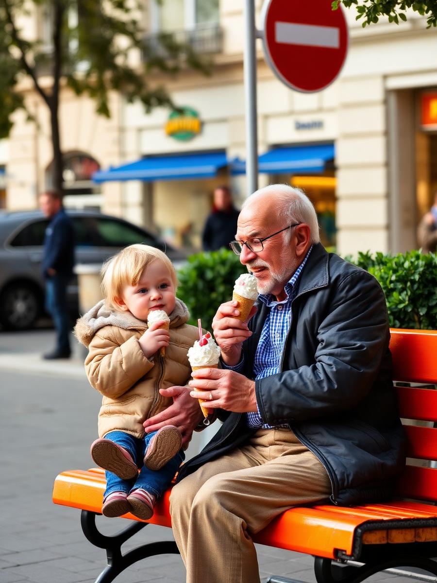 An older man and a small child eating ice cream together on a bright orange bench