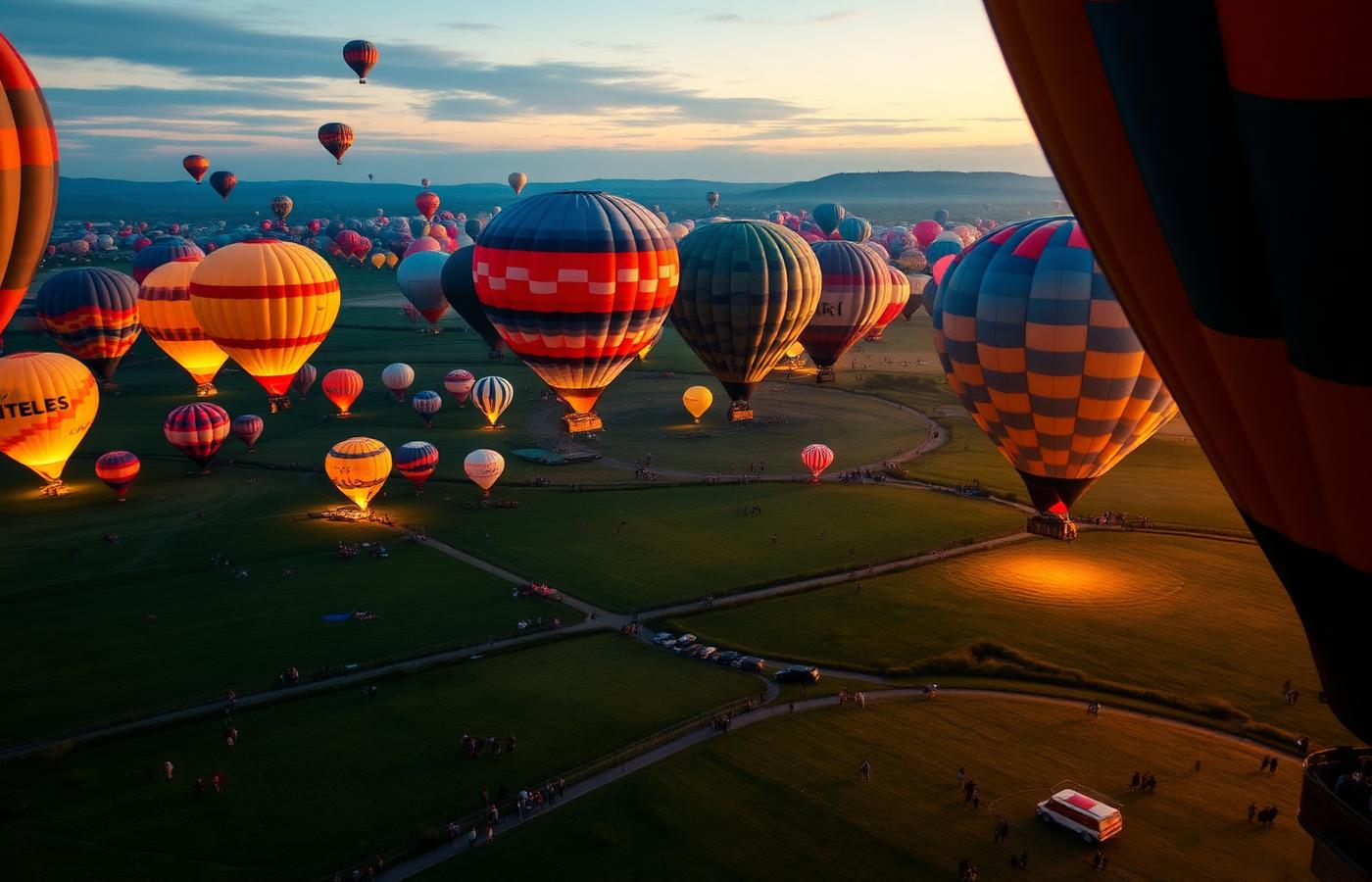 Dozens of colourful hot air balloons rising over green fields at sunrise