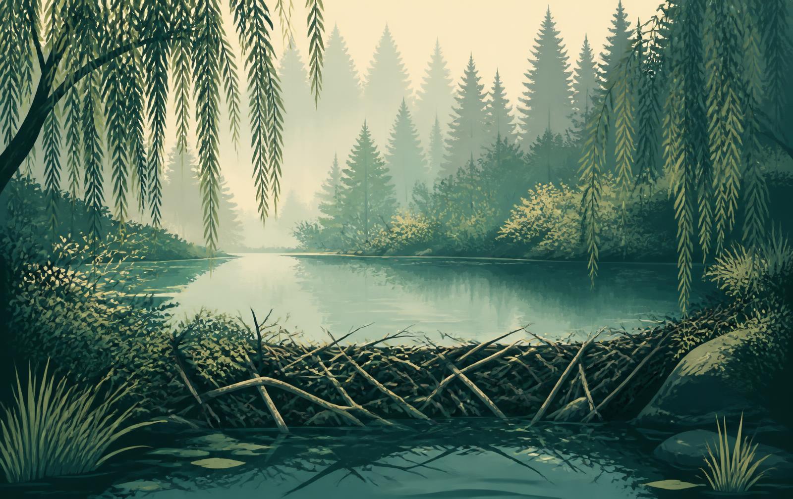Illustrative image: a stick-and-mud beaver dam holding back a still woodland pool in morning mist.