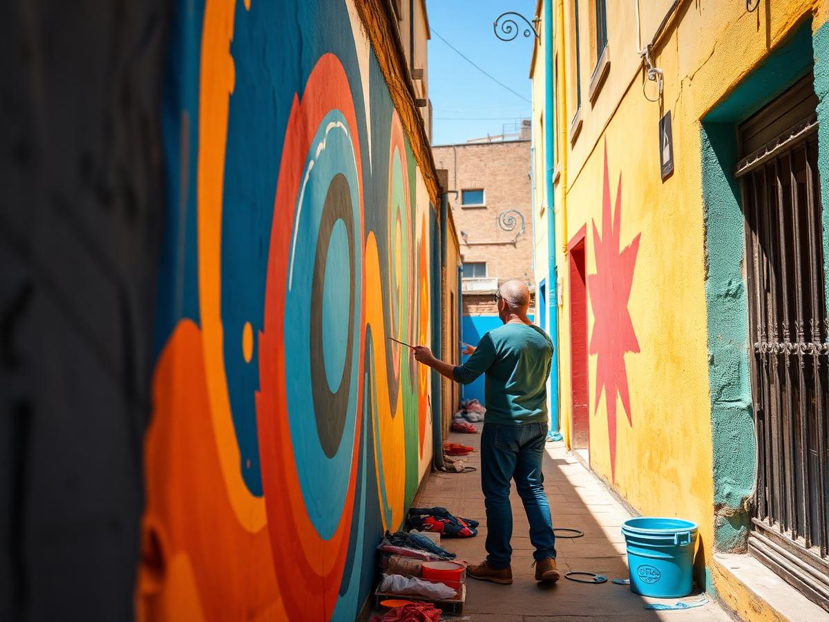 Artist painting a large colourful abstract mural in a sunlit alley