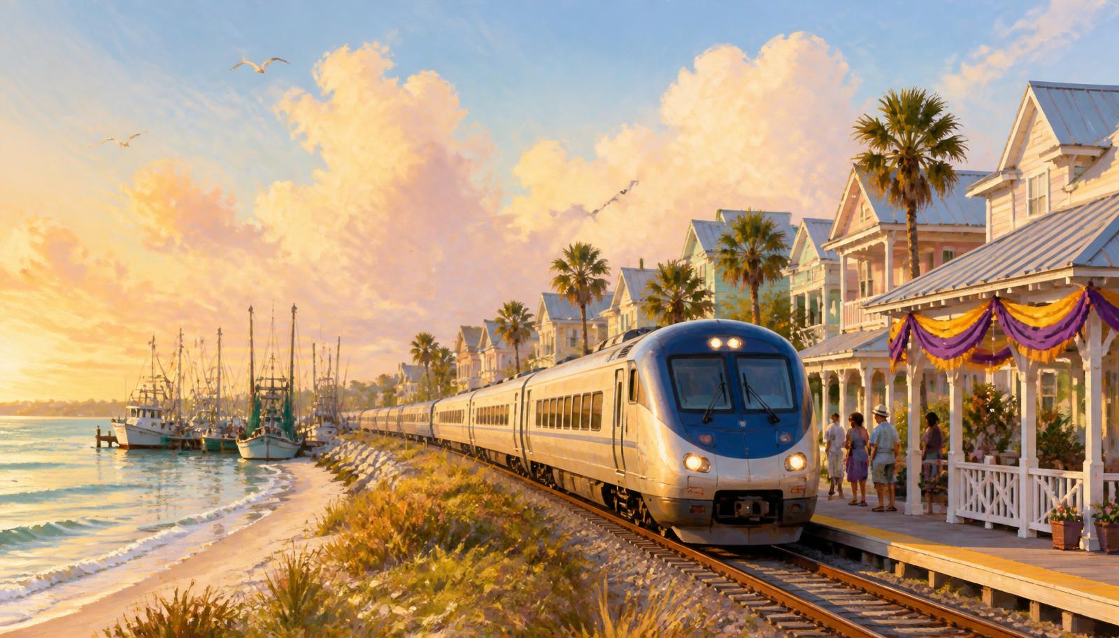 Illustration of a passenger train travelling a coastal railway line at golden hour beside calm water and palms
