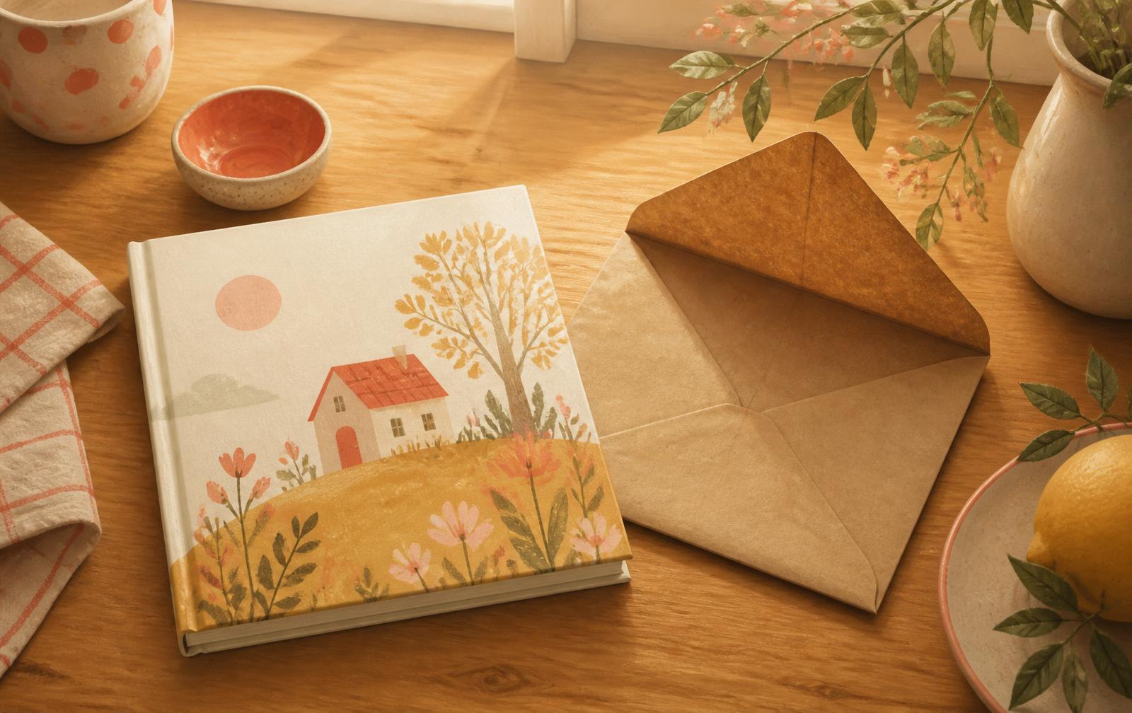 Illustrative image: a children's picture book beside an opened brown paper envelope on a wooden kitchen table.
