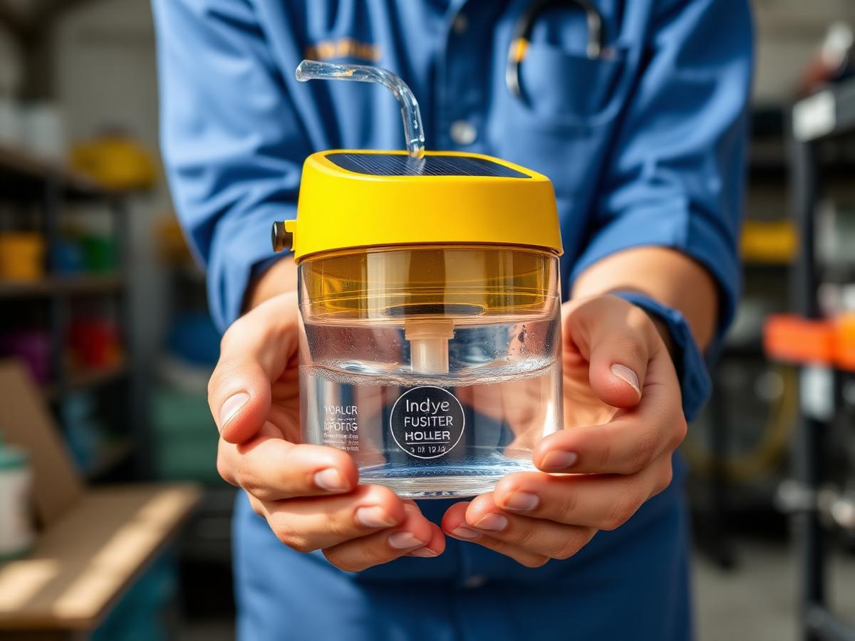 Hands holding a clear water vessel with a bright yellow solar lid in a workshop