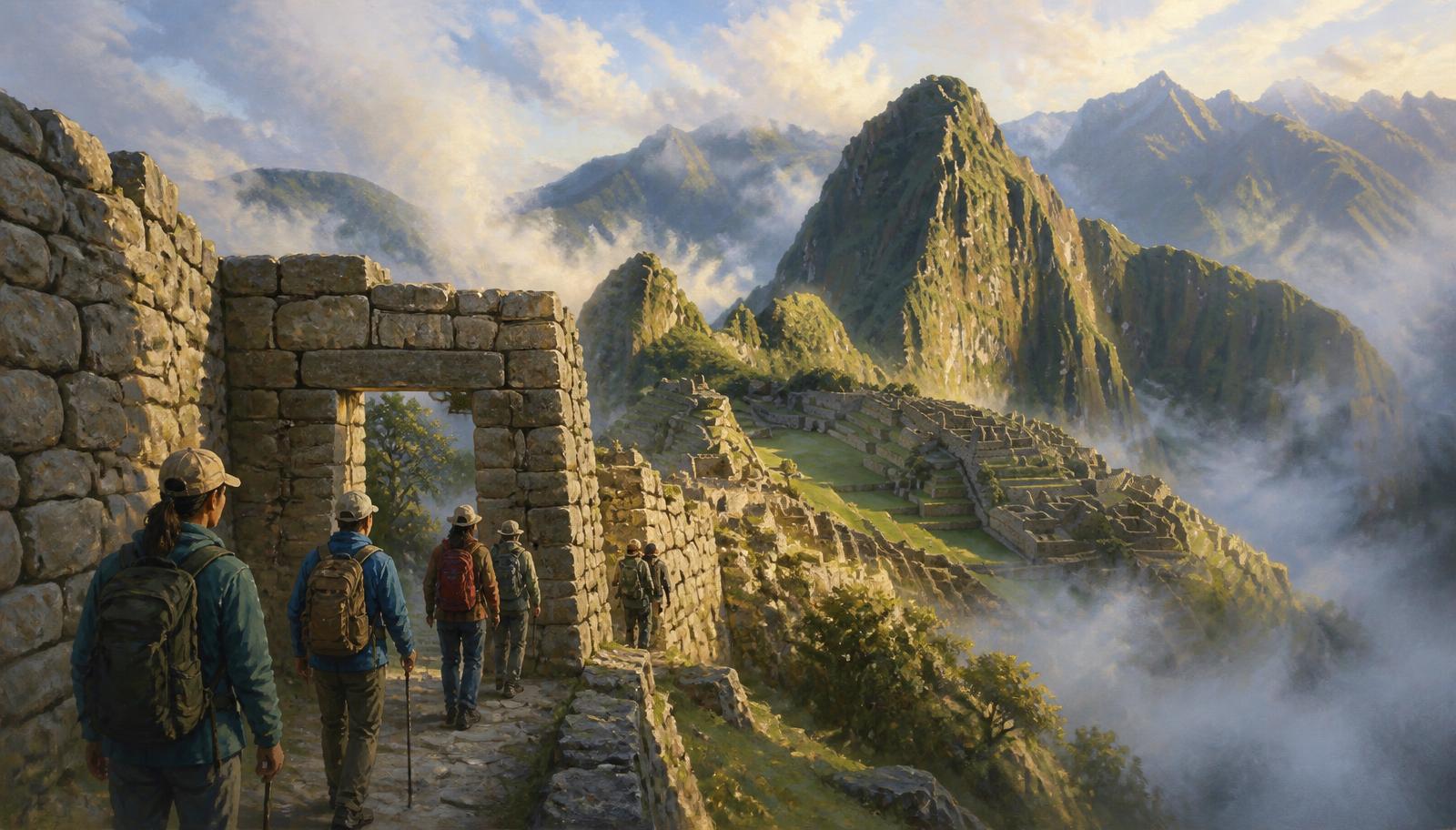 Illustration of misty Andean peaks above stone agricultural terraces at sunrise