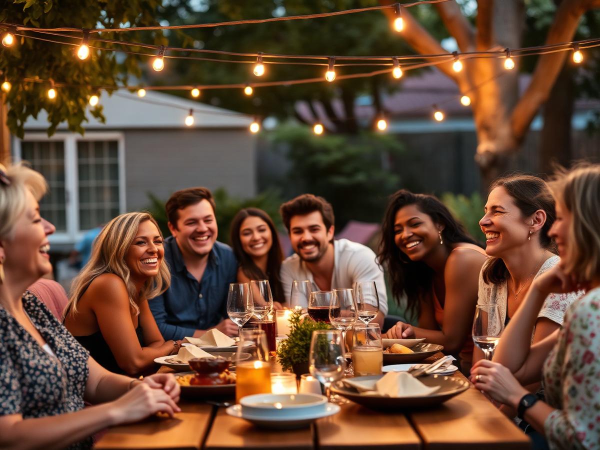 Diverse group of friends laughing around an outdoor dinner table lit by string lights