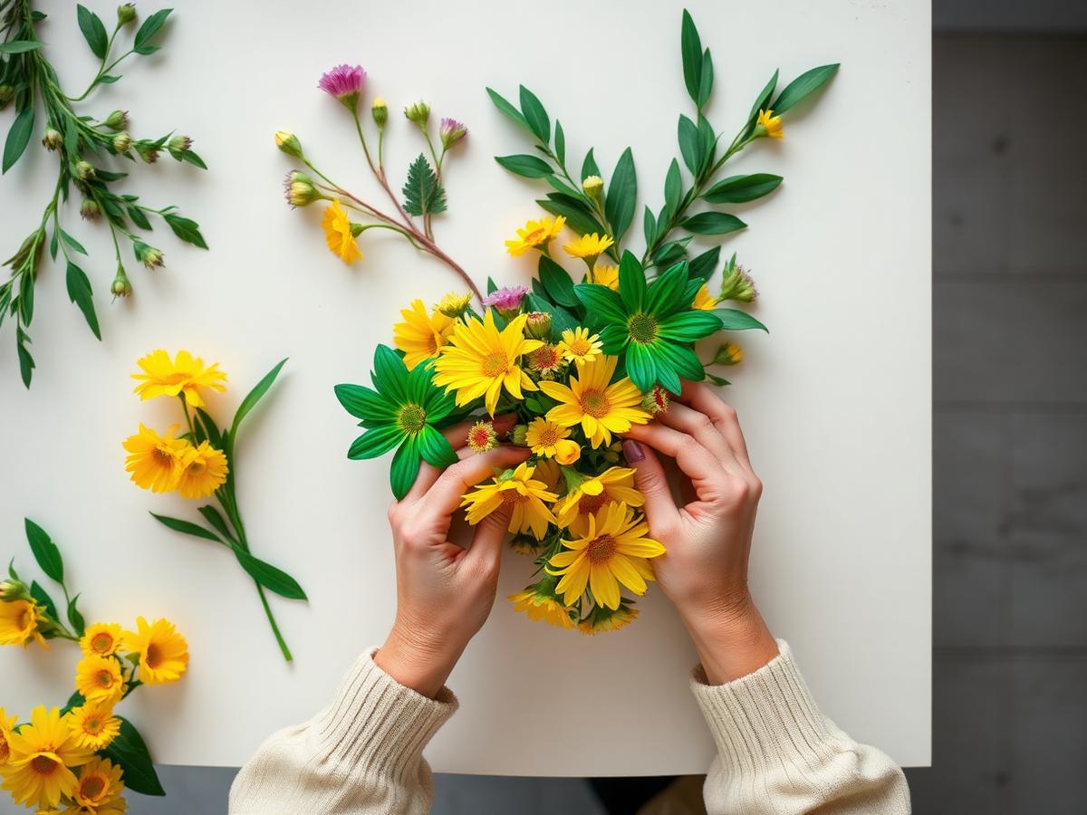 Hands arranging yellow and green flowers on a bright table