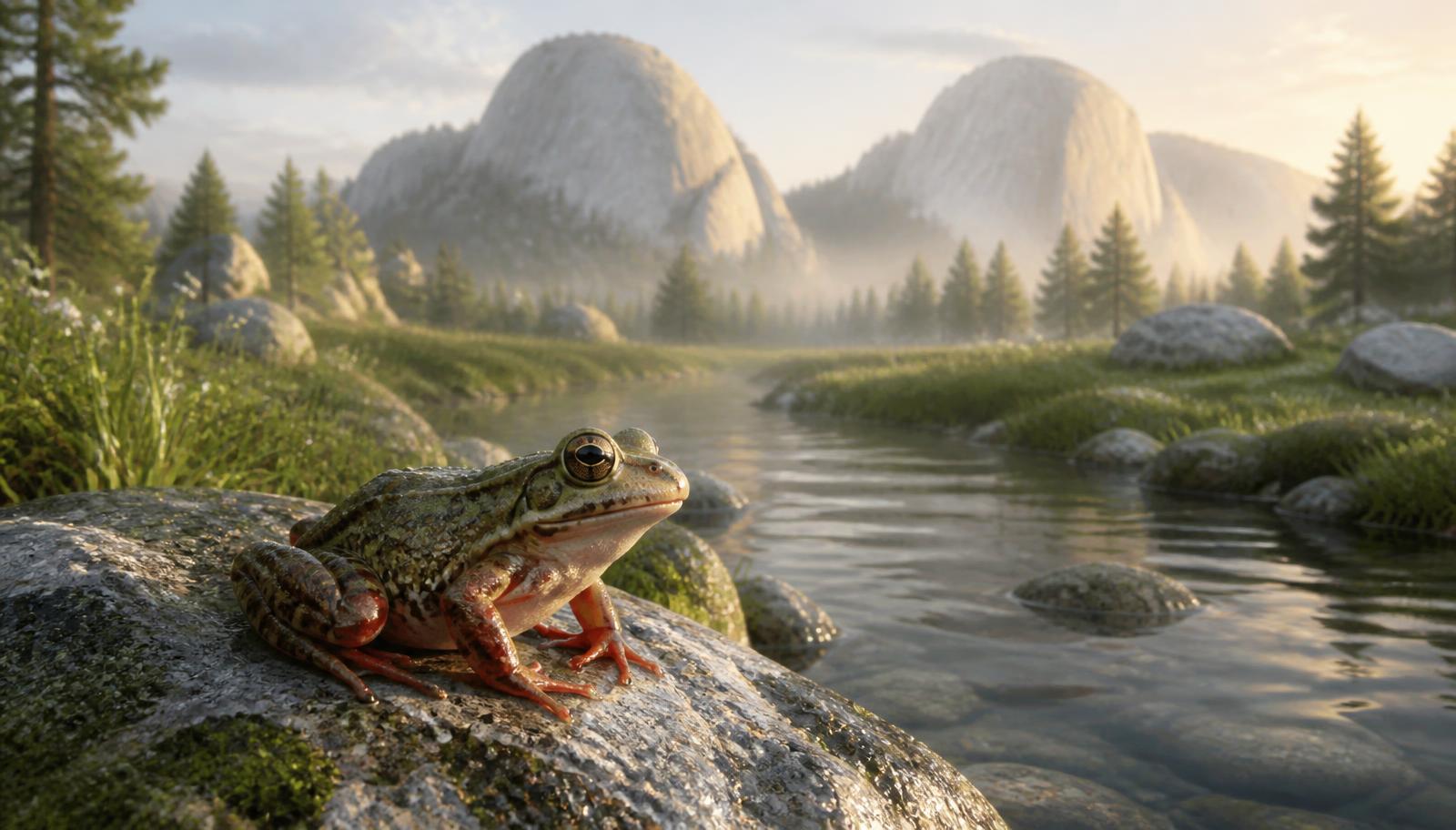 Illustration of a reddish-brown frog on a mossy rock at the edge of a still pond below granite cliffs