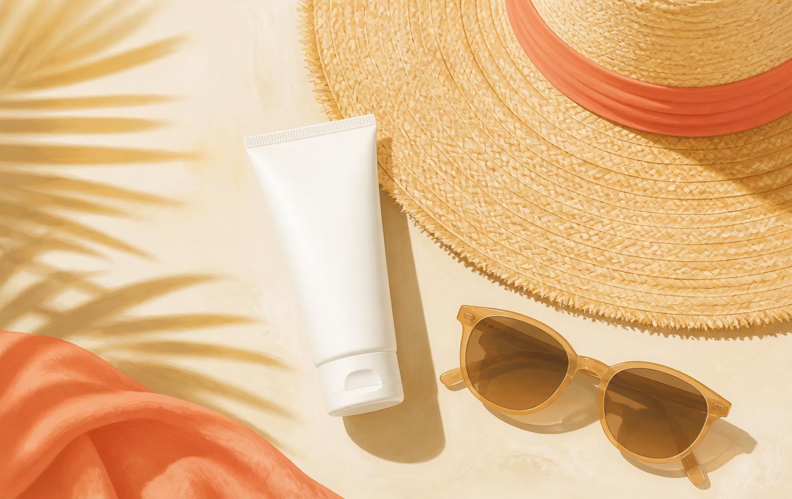Illustrative image: an unbranded white sunscreen tube beside a straw hat and sunglasses on a sunlit pale surface.