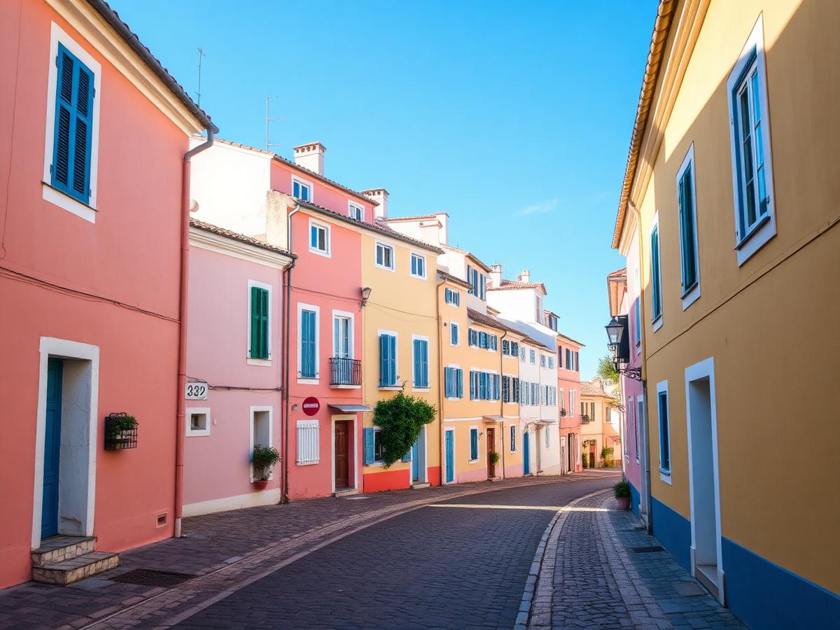 Sunlit cobbled street lined with pink, yellow and cream houses with blue shutters