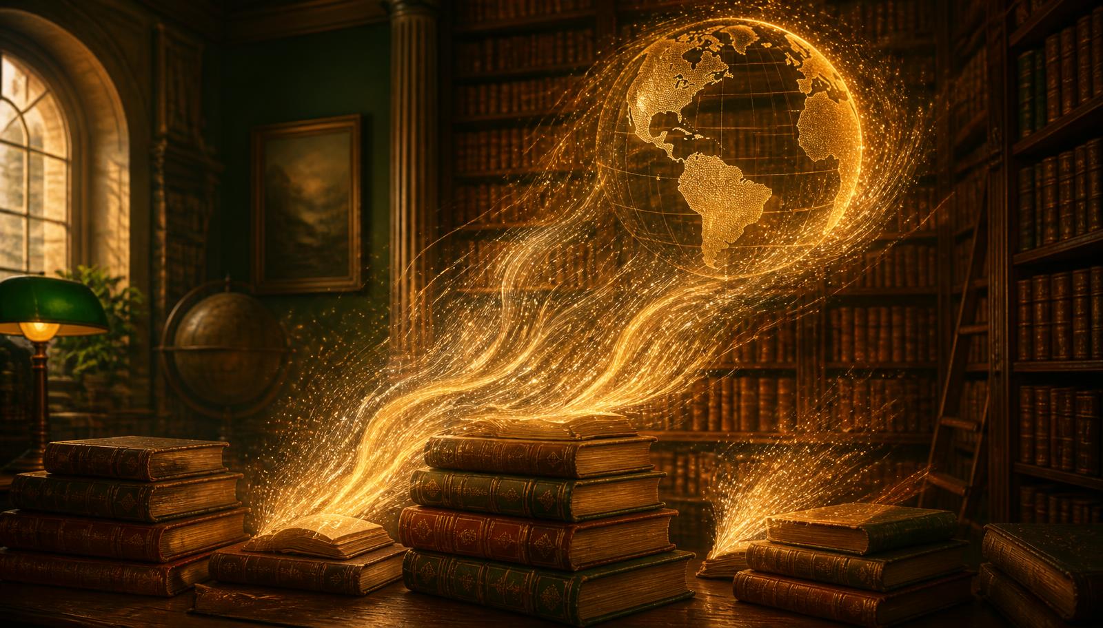 Illustration of antique leather-bound books dissolving into streams of golden light rising toward a glowing globe in a library