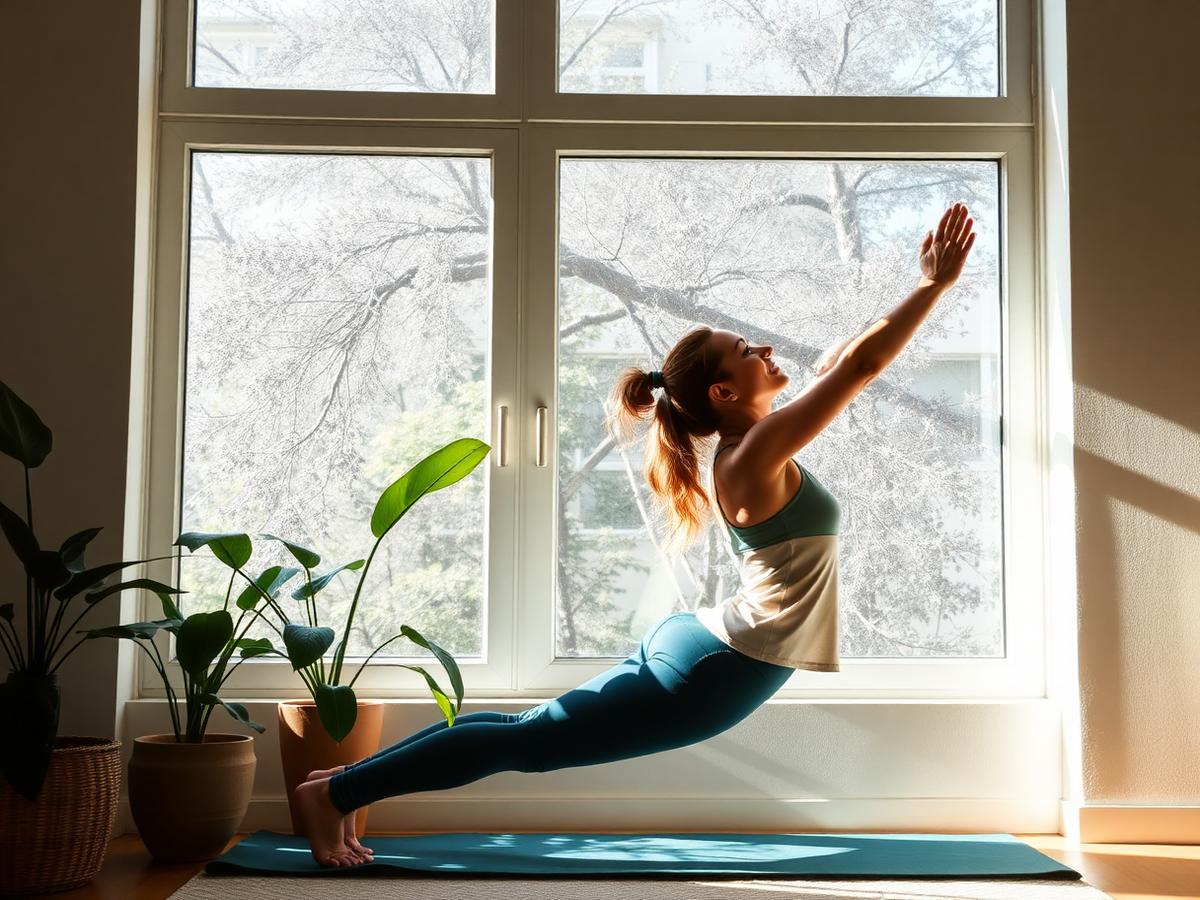 Person stretching on a mat beside a large sunlit window with houseplants