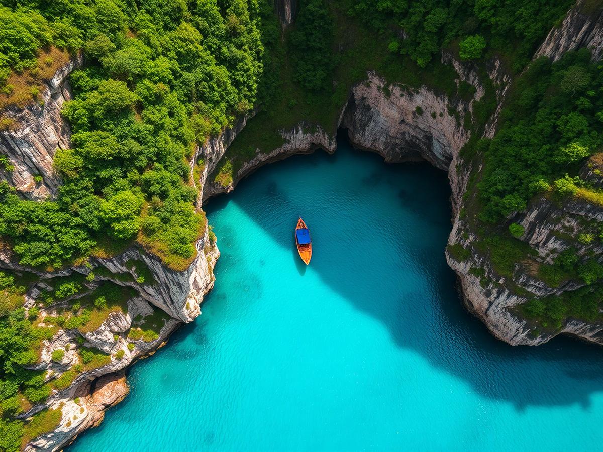 A single wooden boat on a turquoise lagoon surrounded by green cliffs