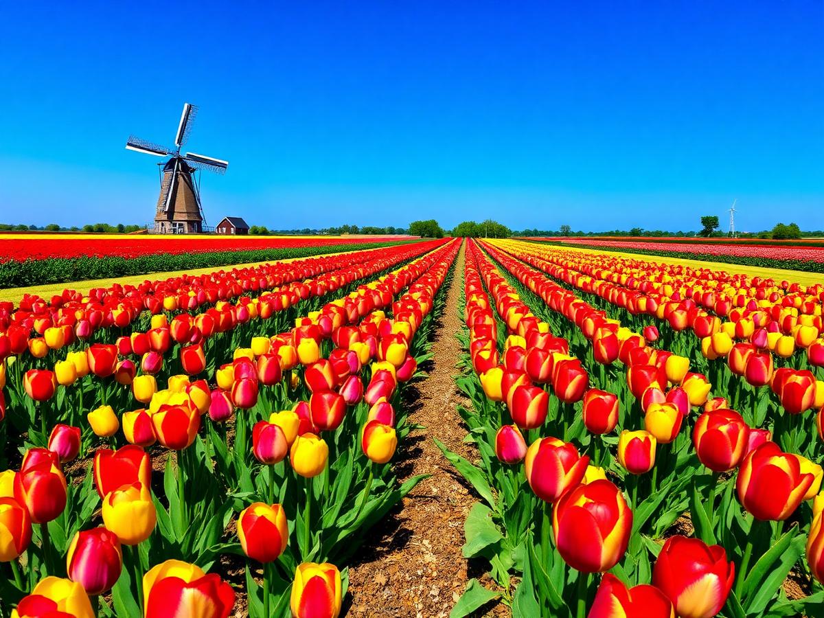 Rows of red and yellow tulips stretching to a windmill under a deep blue sky